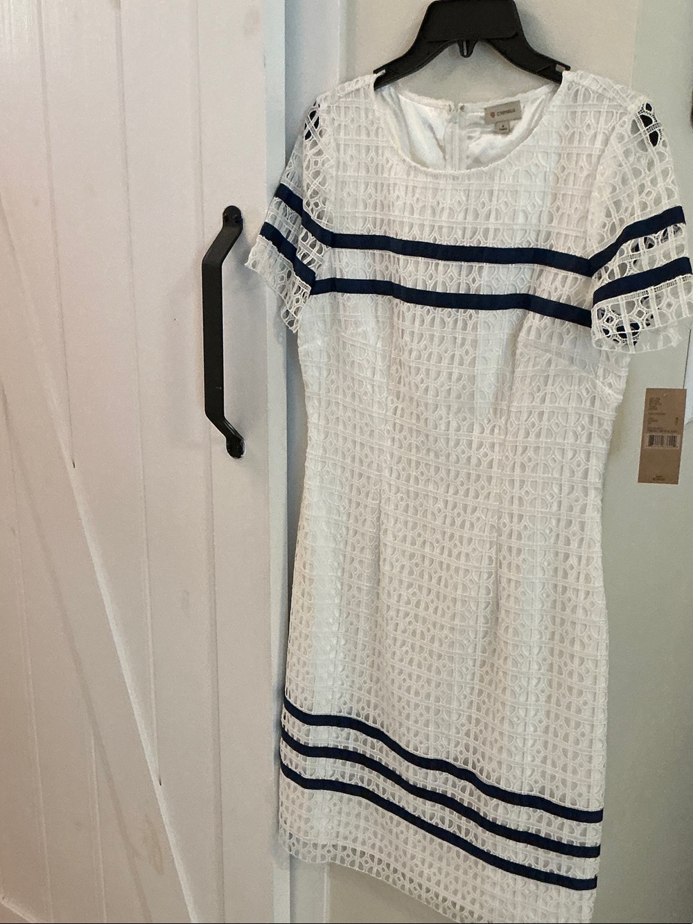 Daniel Cremieux White Lace Midi Dress with Navy Stripes